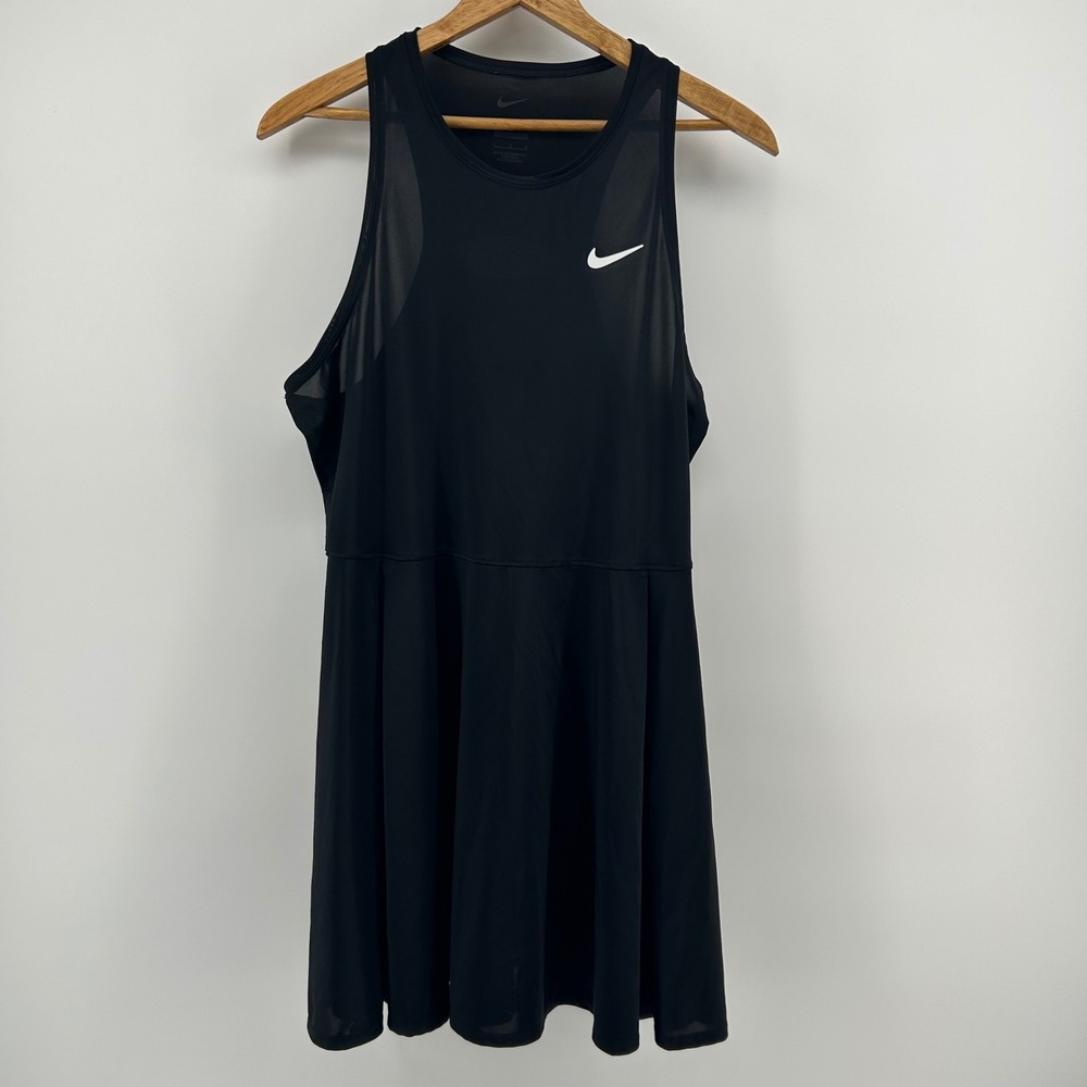 Nike Court Advantage Tennis Dress Women Large Black Dri-FIT Sheer Pleated Active